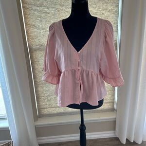Mi Ami Blush Pink V-Neck Blouse with Ruffle Detail